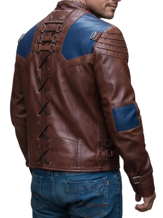 Men’s Brown and Blue Genuine Leather Jacket with Laced Back