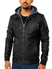 Black Bomber Hooded Leather Jacket