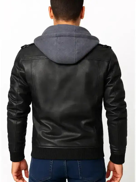 Black Bomber Hooded Leather Jacket