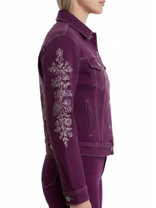 Women's Artistic Design Purple Denim Jacket With White Embroidery