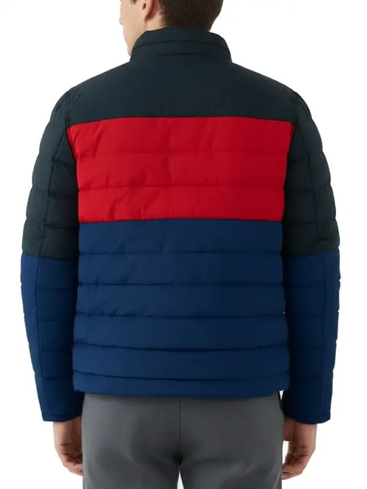 Men’s Color Block Puffer Jacket with Stand Collar and Zip Closure