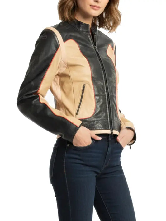 Women’s Black and Beige Genuine Leather Jacket with Red Piping by The Leather Jackets