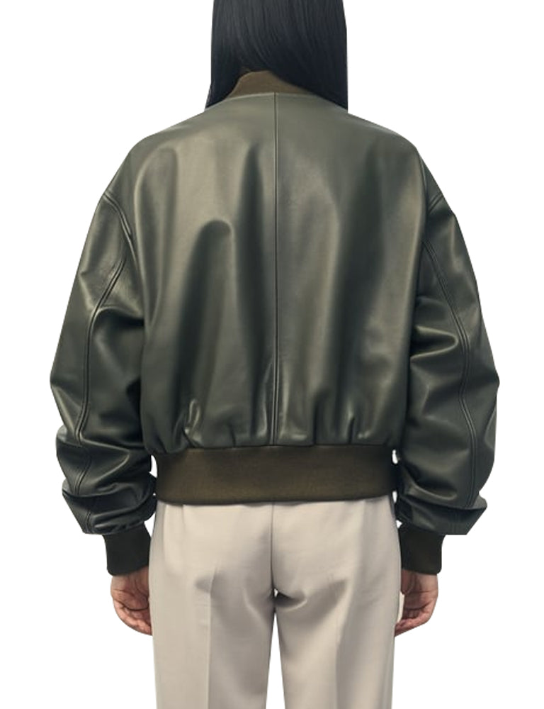 Olive Green Leather Bomber Jacket For Women