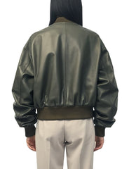 Olive Green Leather Bomber Jacket For Women