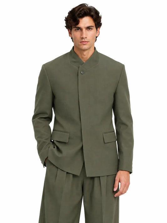 Olive Green Mandarin Collar Suit for Men
