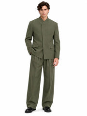 Olive Green Mandarin Collar Suit for Men