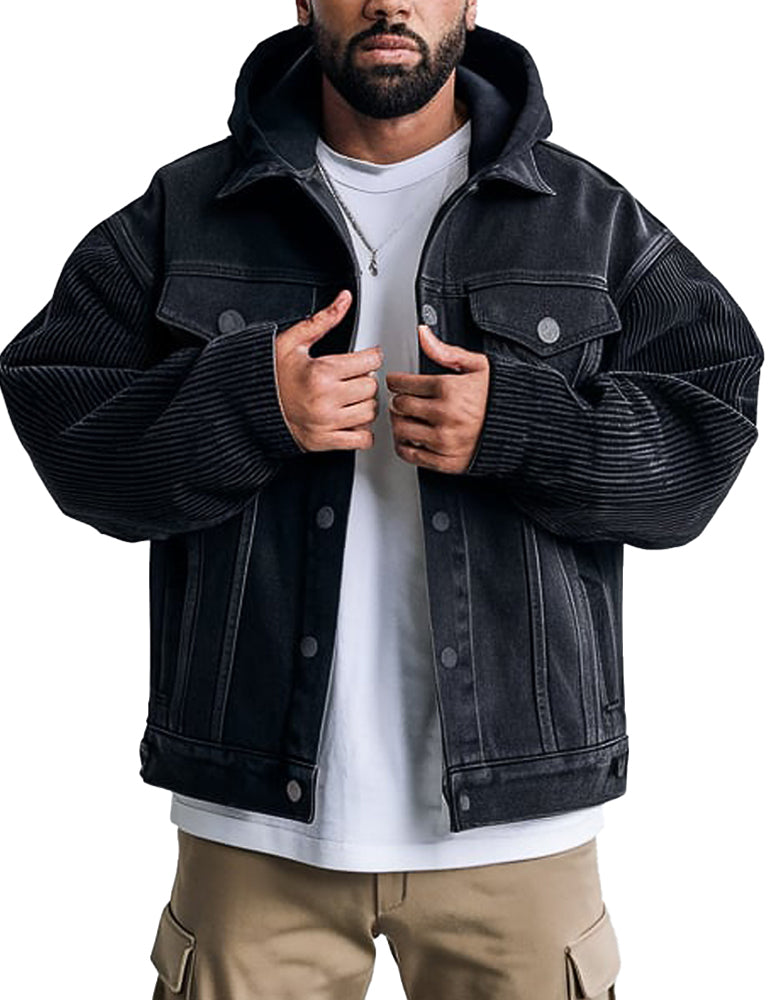 Oversized black hooded denim jacket for men