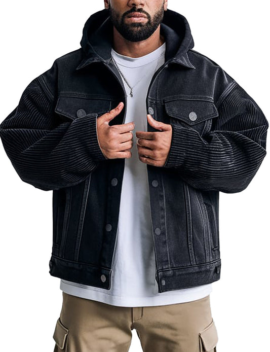 Oversized black hooded denim jacket for men