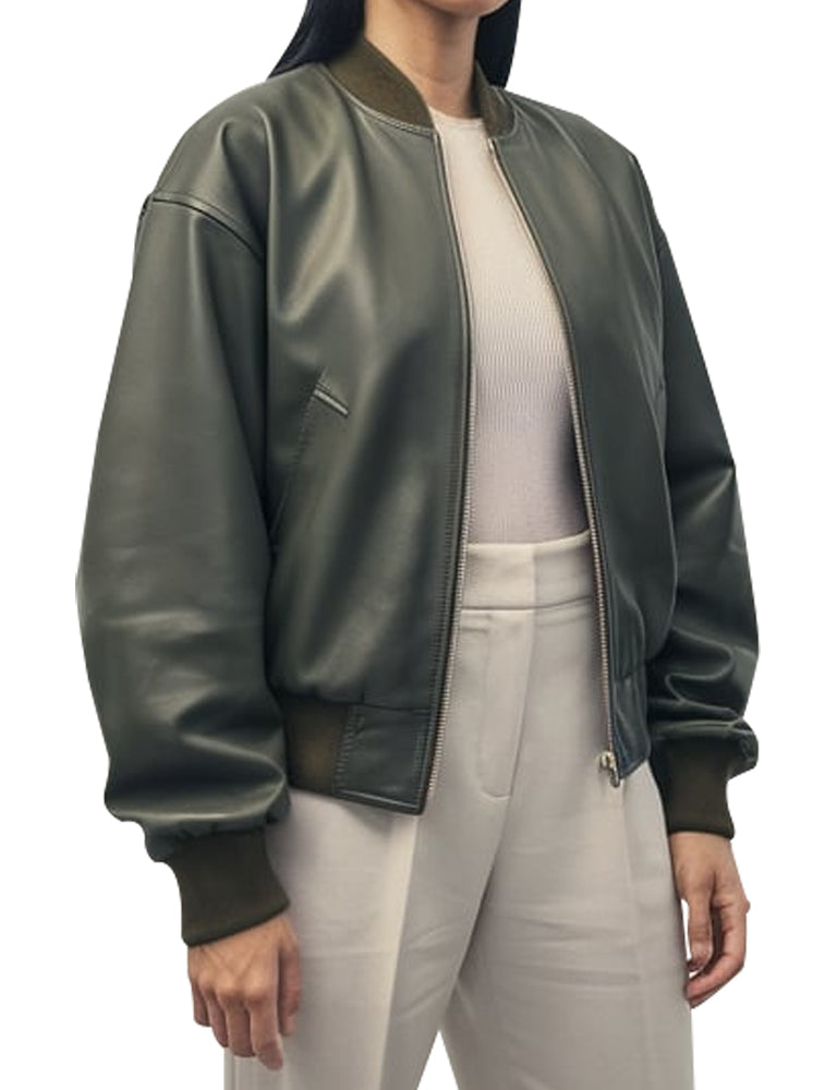 Oversized olive green leather bomber for women