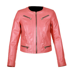 Pink Collar Less Genuine leather Jacket