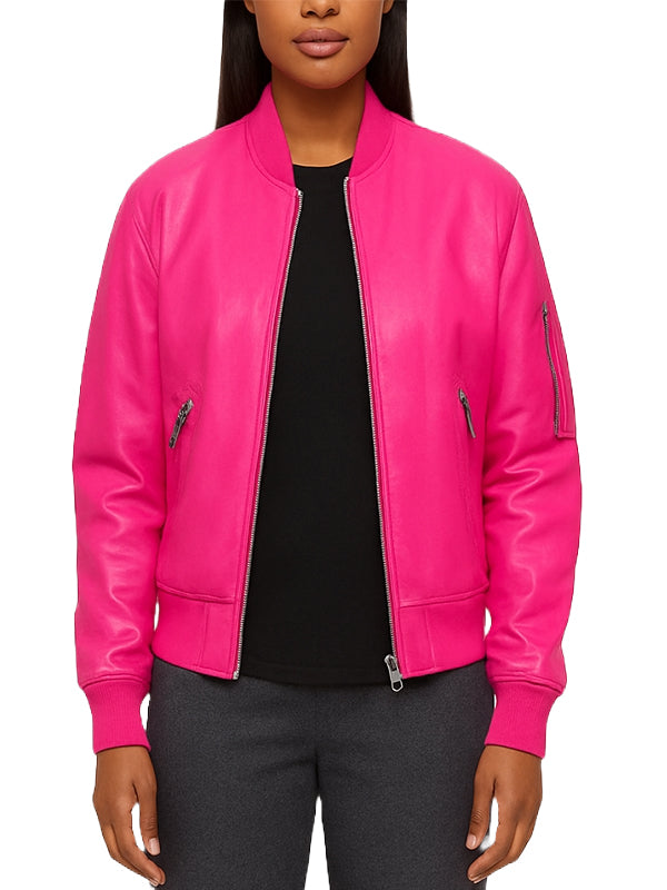 Pink Leather Bomber Jacket for Women