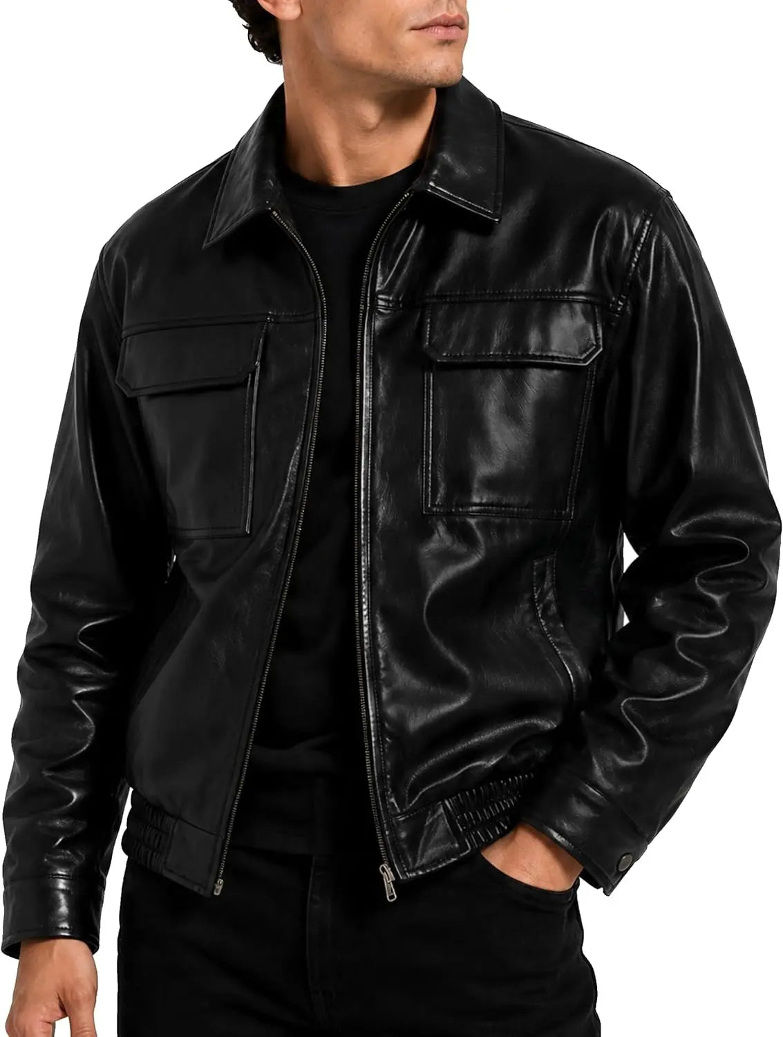Black sheepskin leather bomber jacket with chest pockets