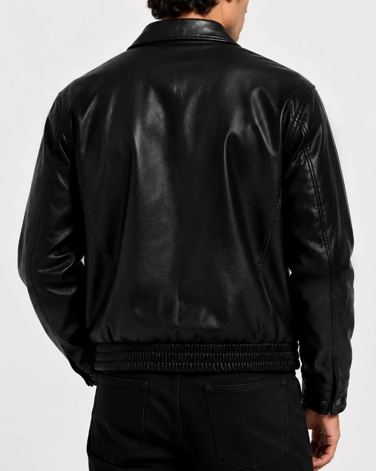 Back view of men's black leather bomber jacket