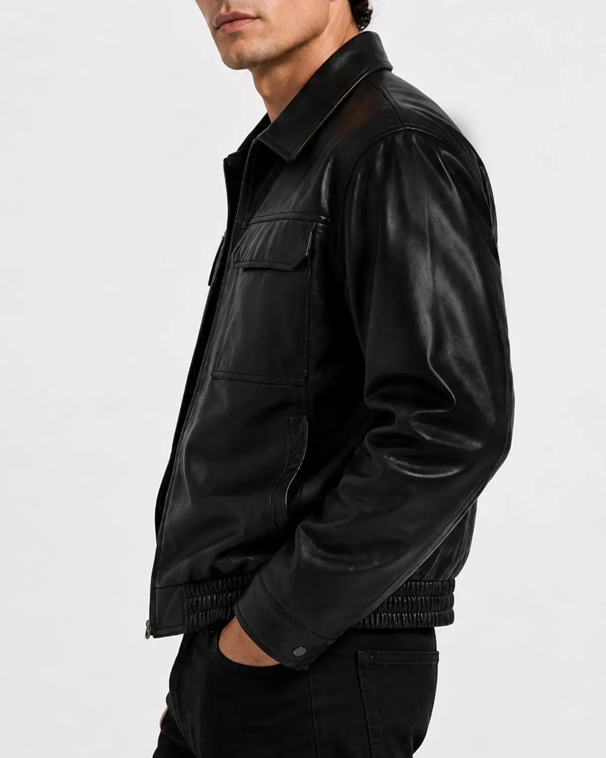 Side view of men's genuine leather bomber jacket
