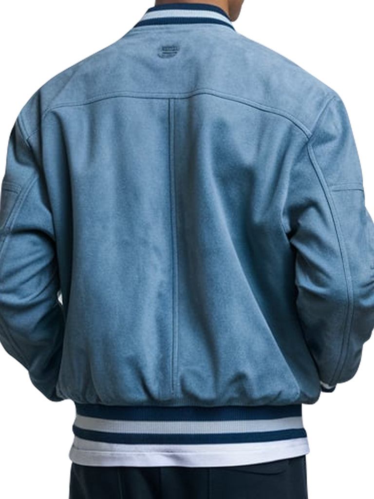Premium Light Blue Suede Varsity Bomber Jacket 