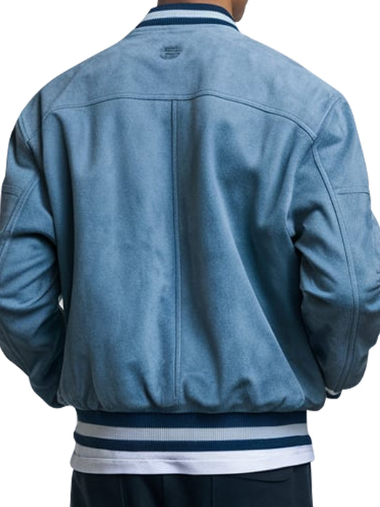 Premium Light Blue Suede Varsity Bomber Jacket 