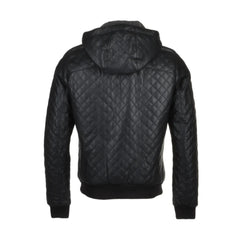 Black hooded bomber Quilted Leather Jacket