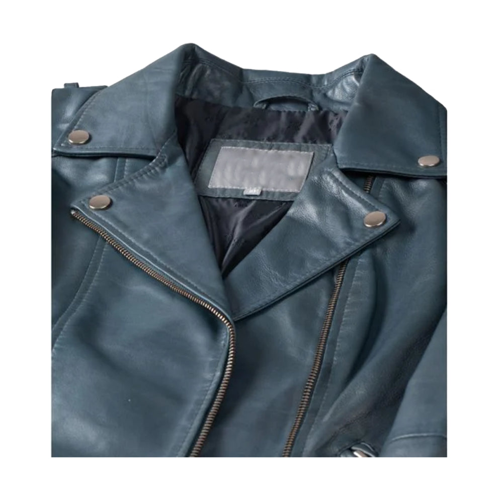 Blue Quilted Biker Leather Jacket