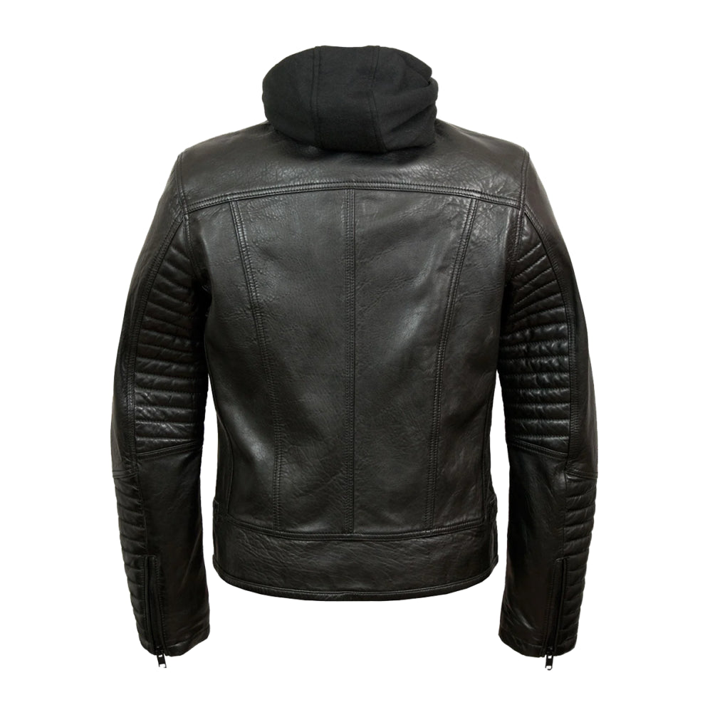 Black Hooded Bold Lined Biker Leather Jacket