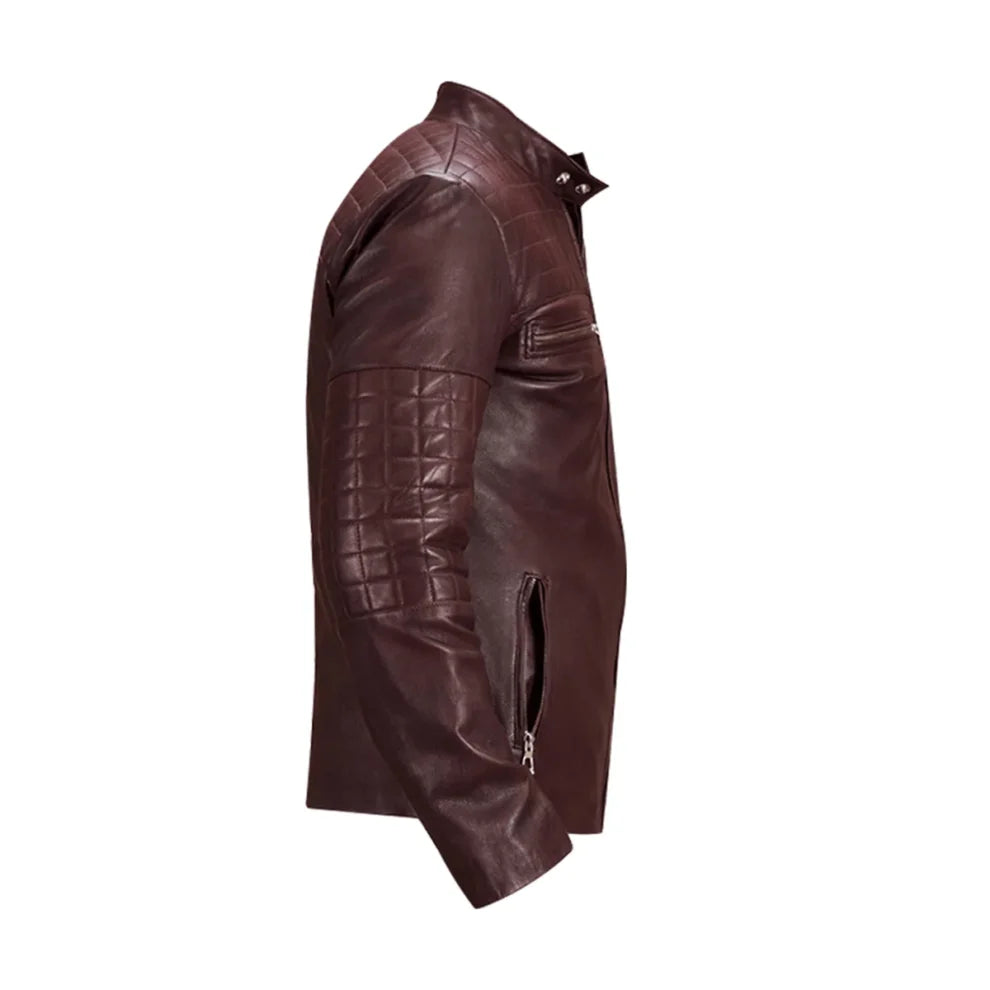 Quilted Maroon Leather Biker Jacket