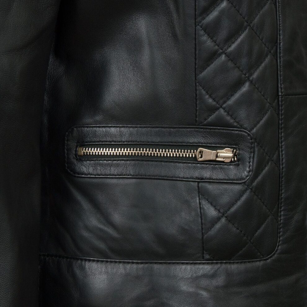 Collarless Black Quilted Leather Jacket