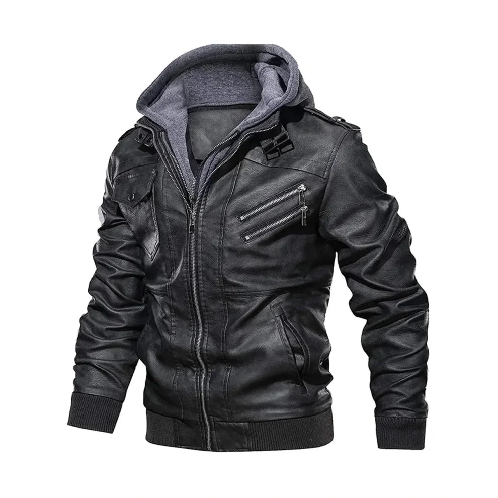 Black Real Leather Jacket with Removable Hood