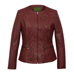 Red Collarless Leather Jacket