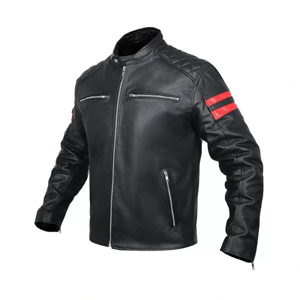 Cafe Racer Red Stripes Black Leather Jacket