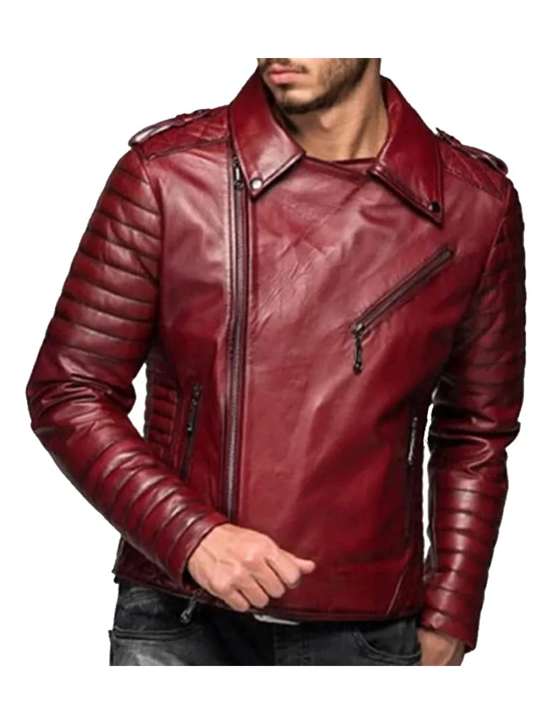 Lapel Style Red Genuine Biker Leather Jacket