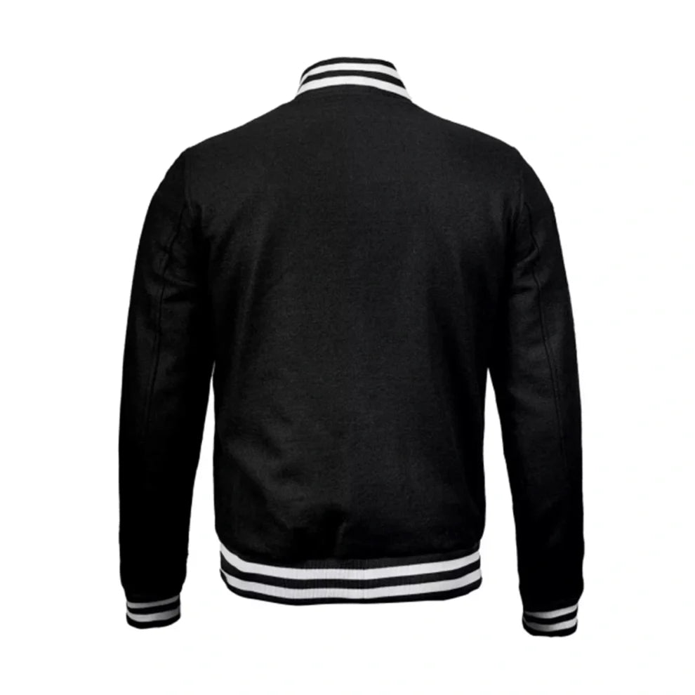 Black Bomber Style Rib Knitted Varsity Jacket