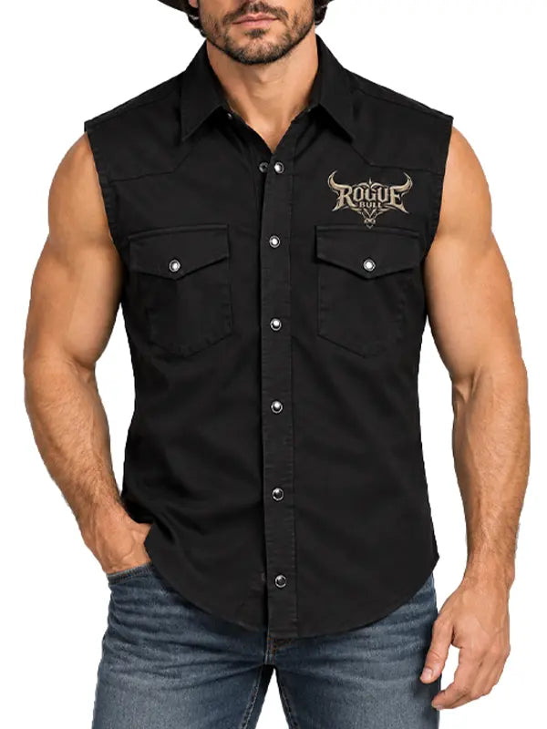 A bold men’s black Western vest featuring detailed bull embroidery on the chest and a large matching design centered on the back. Finished with a pointed collar, snap buttons, chest pockets, and classic Western yoke detailing.