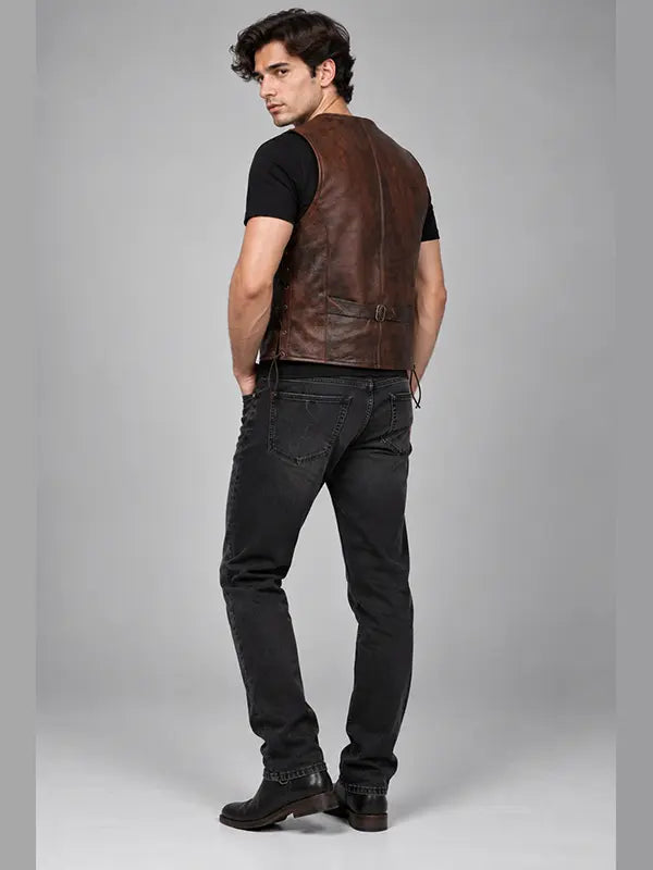 Distressed brown leather biker vest for men with V-neck and front welt pockets