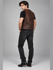 Distressed brown leather biker vest for men with V-neck and front welt pockets