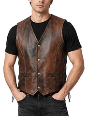 Distressed brown leather biker vest for men with V-neck and front welt pockets