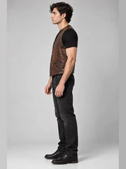 Distressed brown leather biker vest for men with V-neck and front welt pockets