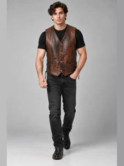 Distressed brown leather biker vest for men with V-neck and front welt pockets
