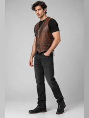 Distressed brown leather biker vest for men with V-neck and front welt pockets