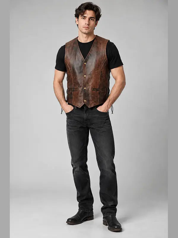 Distressed brown leather biker vest for men with V-neck and front welt pockets