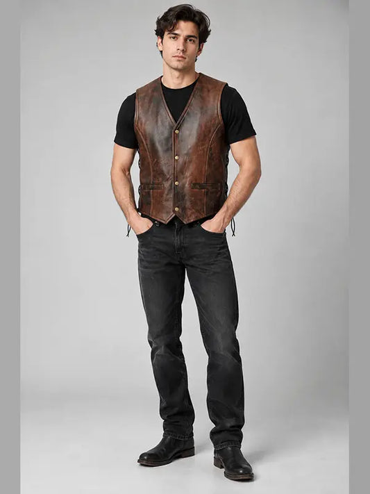 Distressed brown leather biker vest for men with V-neck and front welt pockets