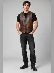 Distressed brown leather biker vest for men with V-neck and front welt pockets