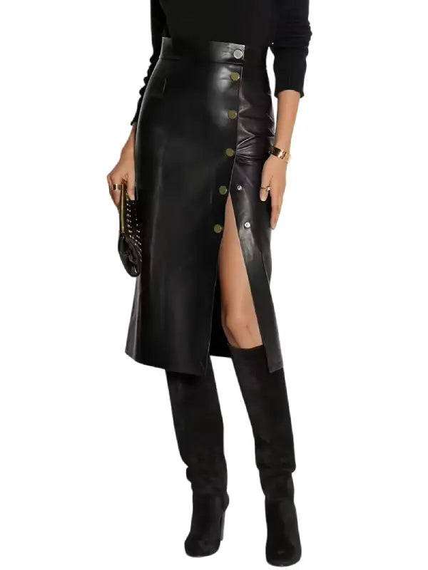 Women’s Black High-Waist Button-Front Leather Midi Skirt