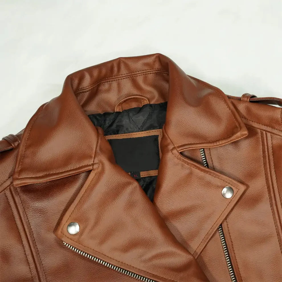 Biker Lapel Style Brown Leather Jacket