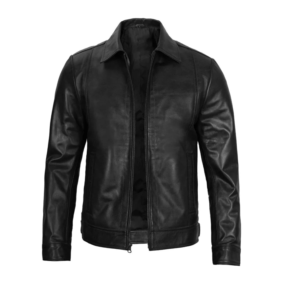 Black Leather Jacket with Shirt Collar