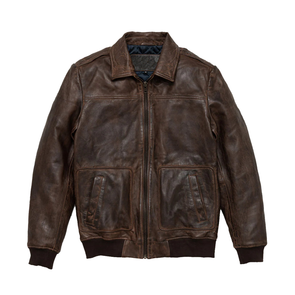 Dark Brown Shirt Style Bomber Leather Jacket