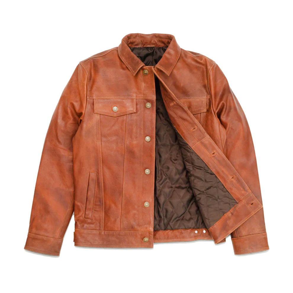 Tan Brown Trucker Style Genuine Leather Jacket