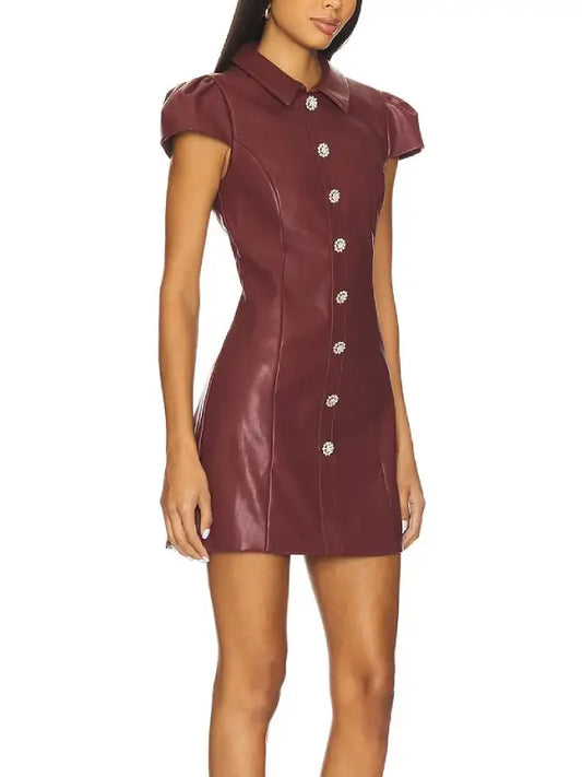 Premium Burgundy Leather Mini Dress with Jeweled Button Front