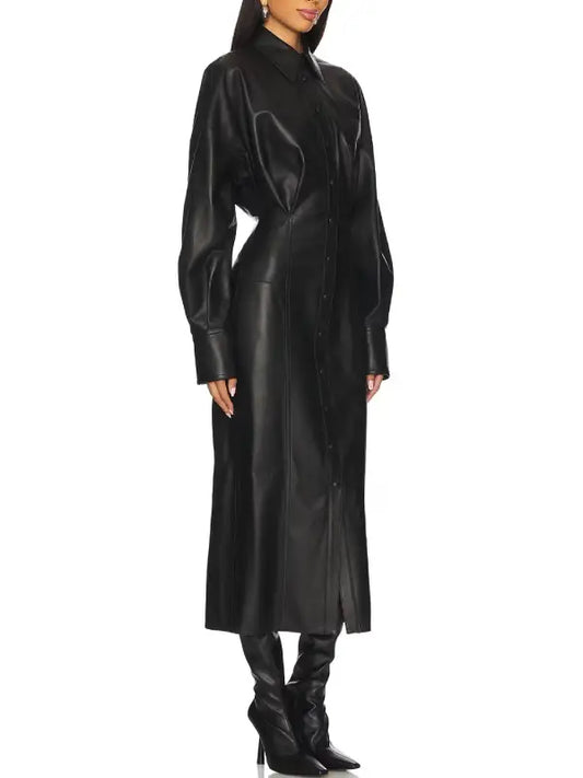 Premium Black Long Leather Shirt Dress with Structured Sleeves