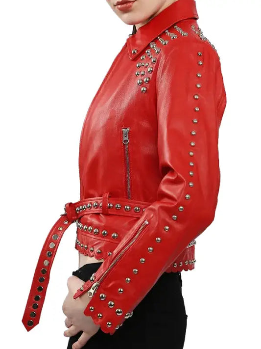 Women’s Red Studded Leather Jacket with Silver Rivet Detailing