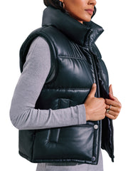 Sleeveless Black Leather Puffer Jacket