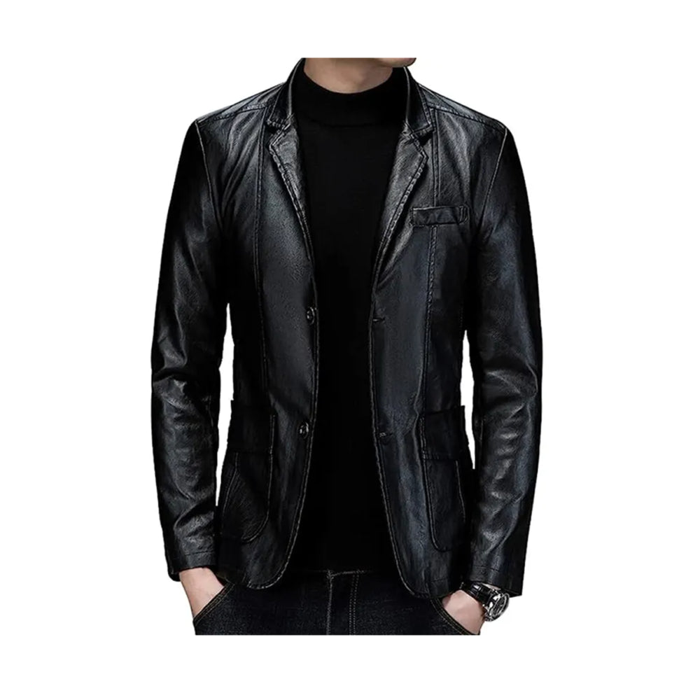 Slim-fit Two Button Black Leather Blazer